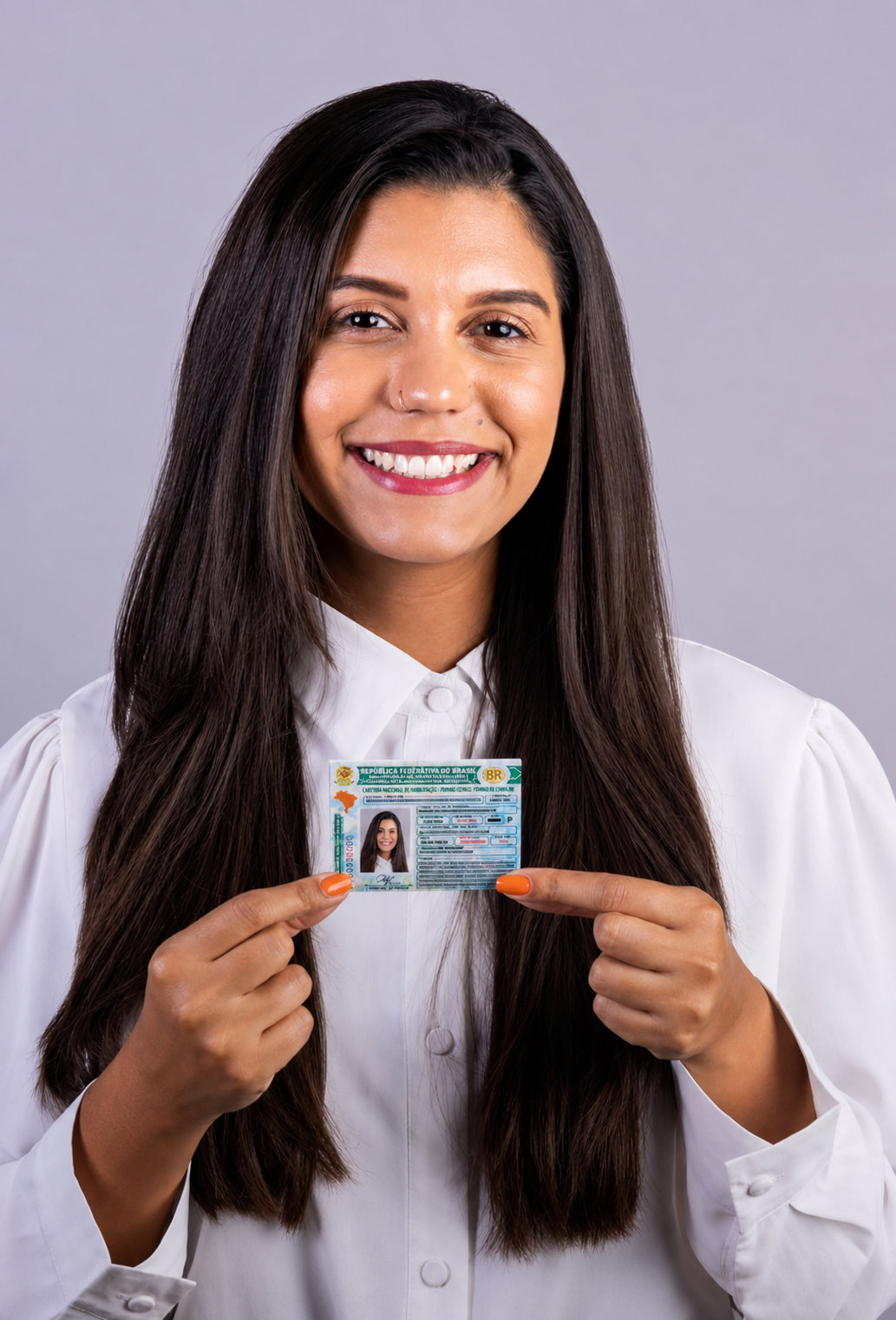 Mulher aprovada segurando a CNH com sorriso de conquista