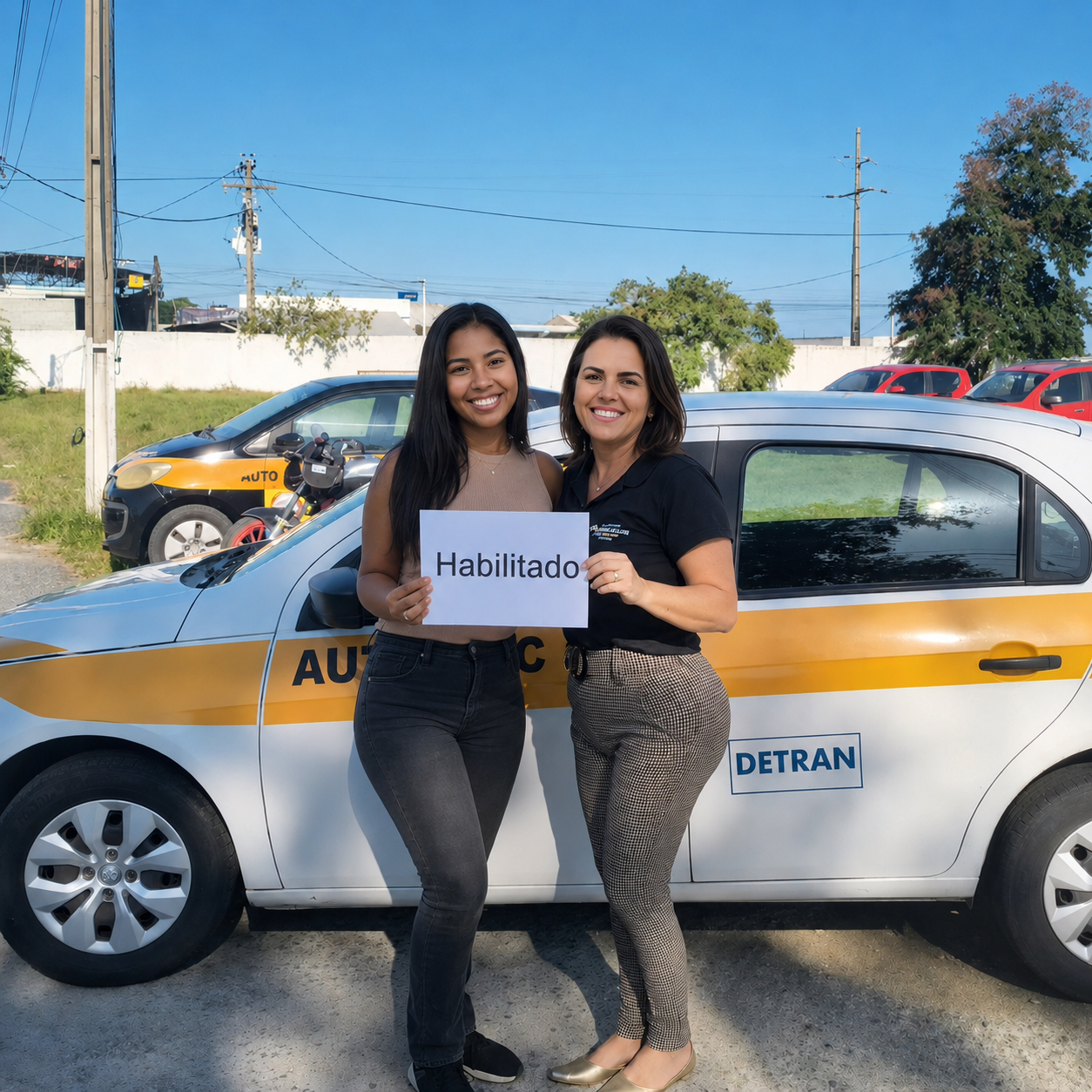 Aluna aprovada na CNH segurando placa Habilitado em frente a carro de auto escola do DETRAN